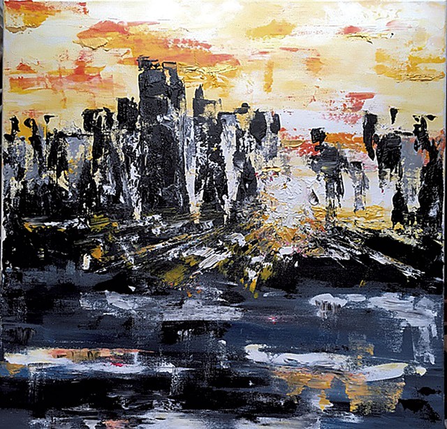 "Sunrise in the City," acrylic on canvas