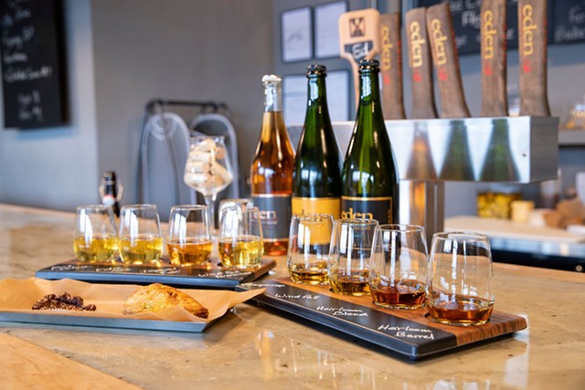 Heritage and ice cider flights with a curried-vegetable hand pie at Eden Specialty Ciders Boutique Taproom &amp; Cheese Bar - JAMES BUCK