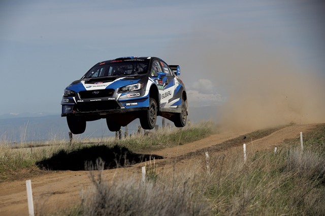 Chris Atkinson jumping his Subaru at the 2018 Oregon Trail Rally - COURTESY OF VERMONT SPORTSCAR AND SUBARU RALLY TEAM USA