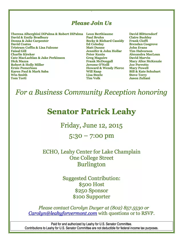 Leahy to Hold Business Fundraiser in Burlington