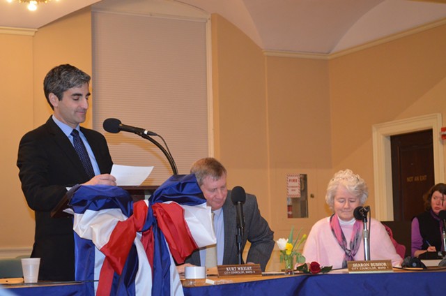 From left, Mayor Miro Weinberger, Councilors Kurt Wright and Sharon Bushor during a meeting earlier this year - ALICIA FREESE