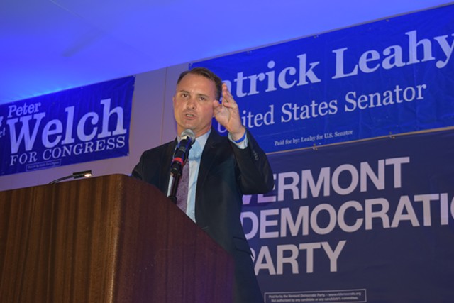 Chittenden County State's Attorney T.J. Donovan speaks Friday night at the Vermont Democratic Party's annual Curtis Awards dinner. - TERRI HALLENBECK