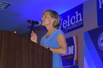 State Transportation Secretary Sue Minter speaks Friday night at the Vermont Democratic Party dinner. - TERRI HALLENBECK