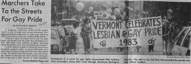 A 1983 Burlington Free Press story on Burlington's first gay pride march. - BERNARD SANDERS PAPERS, SPECIAL COLLECTIONS, UNIVERSITY OF VERMONT LIBRARY