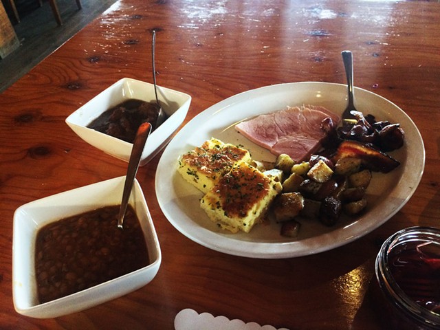 Ragout of meatballs and pigs' feet, ham, pork jowls, potatoes, omelette, and f&egrave;ves au lard - MOLLY ZAPP