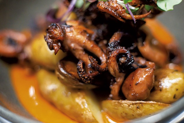 Seared octopus with fingerling potatoes, harissa and chile oil - GLENN RUSSELL