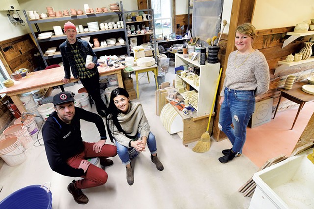 From left: Ben and Jeremy Ayers, Lisa Conlon and Georgia Ayers in the pottery studio - JEB WALLACE-BRODEUR