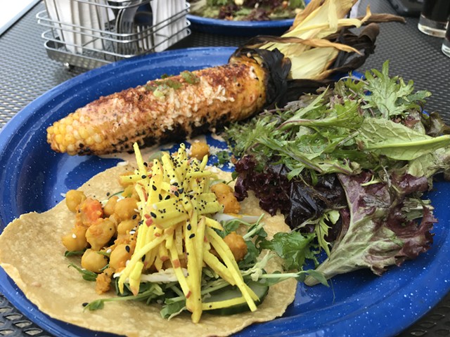 Grilled corn and a chickpea taco at Stone Corral Brewery - SALLY POLLAK
