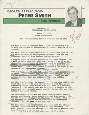 Peter Smith's prepared remarks for a March 3, 1989 speech announcing his support for an assault weapons ban - VERMONT HISTORICAL SOCIETY