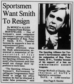 A March 15, 1989, account of the backlash Smith faced after supporting an assault weapons ban - RUTLAND HERALD