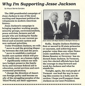 A 1988 flyer explaining Burlington Mayor Bernie Sanders' support for Democratic presidential candidate Jesse Jackson - BERNARD SANDERS PAPERS, SPECIAL COLLECTIONS, UNIVERSITY OF VERMONT LIBRARY