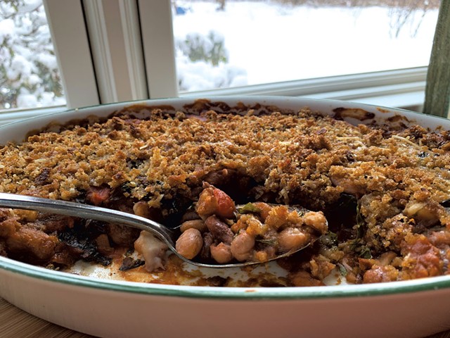 Bean gratin made with locally grown Vermont cranberry and Jacob's Cattle beans, kale and mushrooms - MELISSA PASANEN