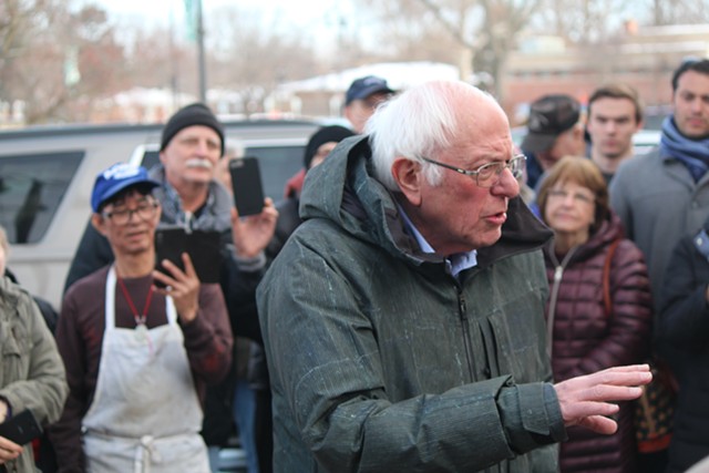 Sen. Bernie Sanders speaking outside a coffee shop in Grinell, Iowa, on Saturday - PAUL HEINTZ