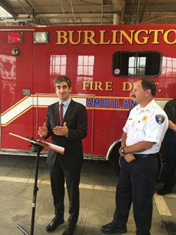 Mayor Miro Weinberger, left, and Fire Chief Seth Lasker  announce a paramedicine program at Station One. - ALICIA FREESE