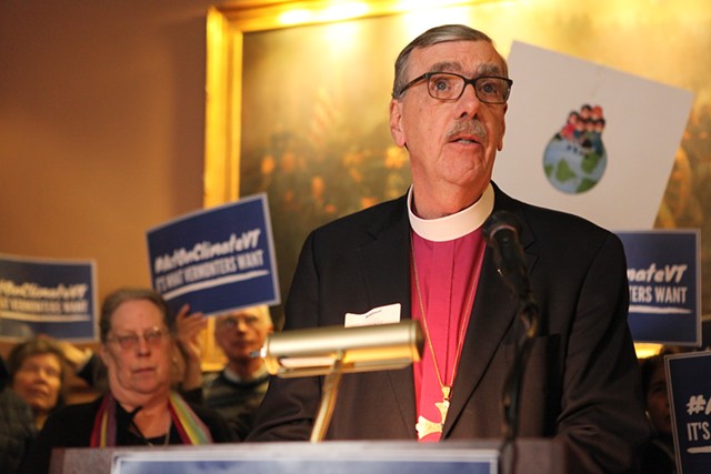 Thomas Ely, retired bishop of the Episcopal Diocese of Vermont, speaking in support of the Global Warming Solutions Act - KEVIN MCCALLUM