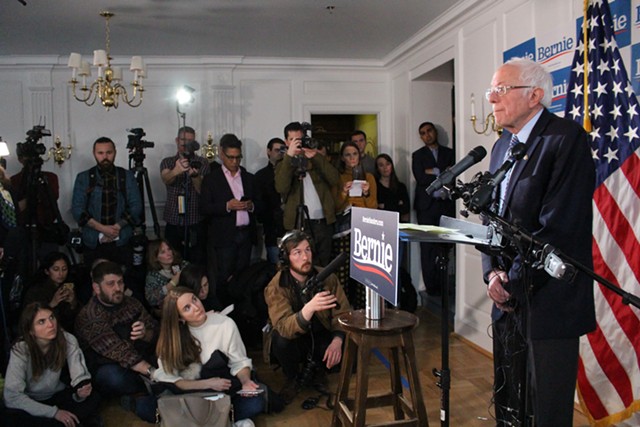 Sen. Bernie Sanders addressing reporters at his campaign headquarters in Burlington - PAUL HEINTZ