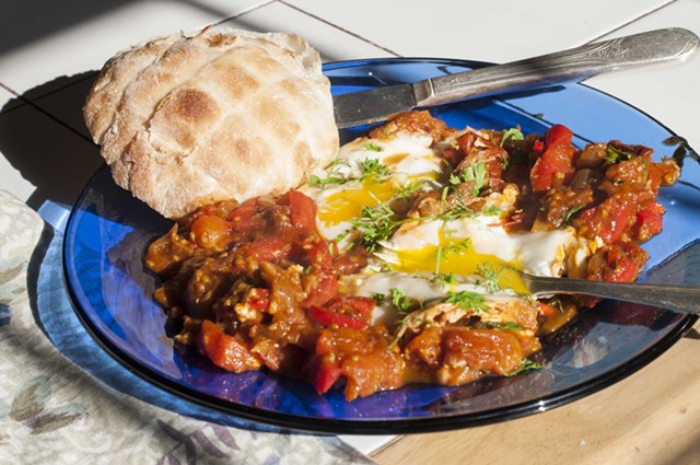 Shakshuka: eggs and peppers and tomatoes and YUM - HANNAH PALMER EGAN
