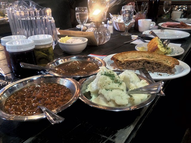 Counterclockwise from top right: omelette, Qu&eacute;b&eacute;cois tourti&egrave;re, country potatoes, wood-fired baked beans, meatballs and accoutrements - MOLLY ZAPP
