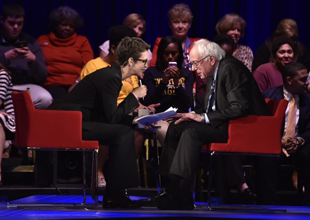 Rachel Maddow speaks with Bernie Sanders during MSNBC's “First in the South Democratic Candidates Forum” Friday in Rock Hill, S.C. - GRANT HALVERSON/MSNBC