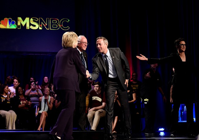 Hillary Clinton, Bernie Sanders, Martin O'Malley and Rachel Maddow during MSNBC's “First in the South Democratic Candidates Forum” Friday in Rock Hill, S.C. - GRANT HALVERSON/MSNBC