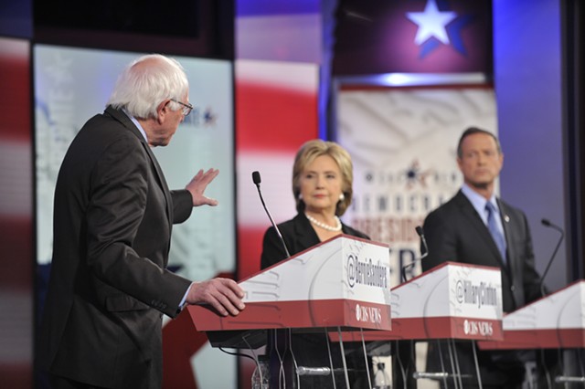 Bernie Sanders, Hillary Clinton and Martin O'Malley at the Drake University debate in Des Moines - CHRIS USHER/CBS © 2015 CBS TELEVISION NETWORK