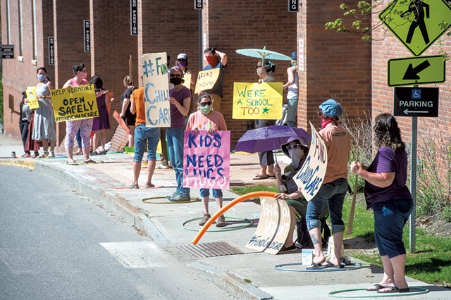 Childcare professionals demonstrating outside the Pavilion Building in Montpelier - JEB WALLACE-BRODEUR