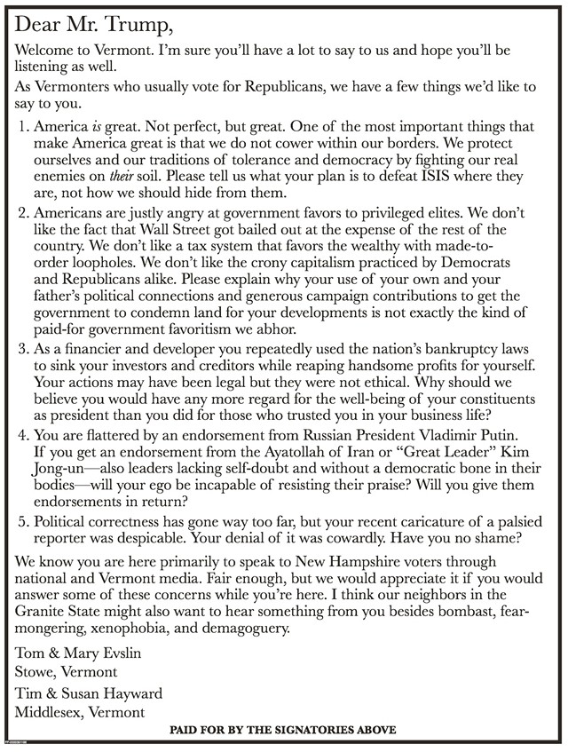 Ad in Thursday's Burlington Free Press questioning Donald Trump.