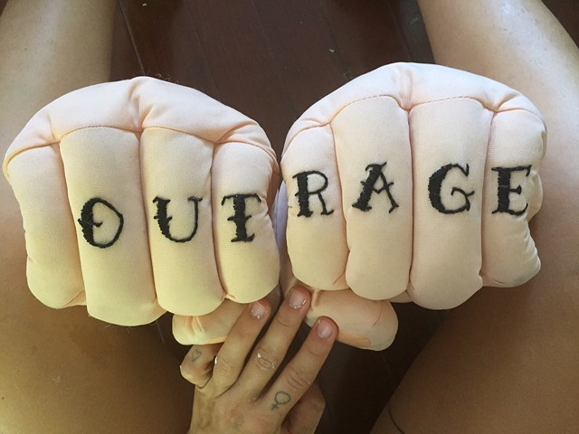 Outrage boxing gloves included in "Killjoy's Kastle" - COURTESY OF ALLYSON MITCHELL / MACHINE MCLAUGHLIN
