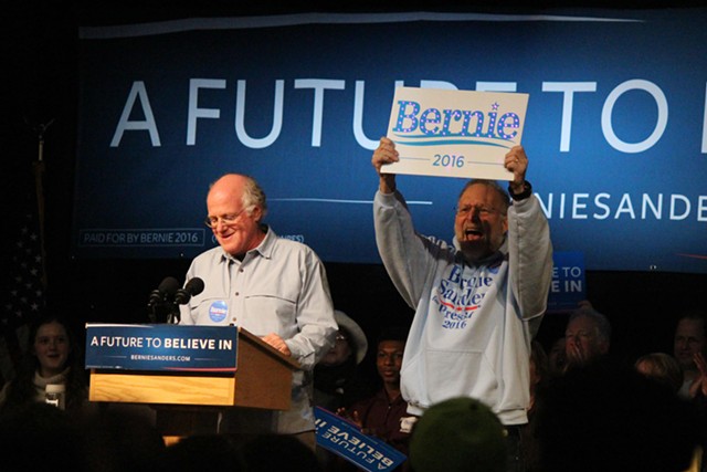 Ben Cohen and Jerry Greenfield introduce Sen. Bernie Sanders Friday in Exeter, N.H. - PAUL HEINTZ