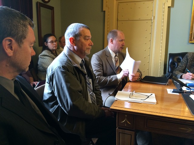 Jamie Murphy and Kevin Oddy of the  St. Johnsbury selectboard and Town Manager Chad Whitehead - NANCY REMSEN