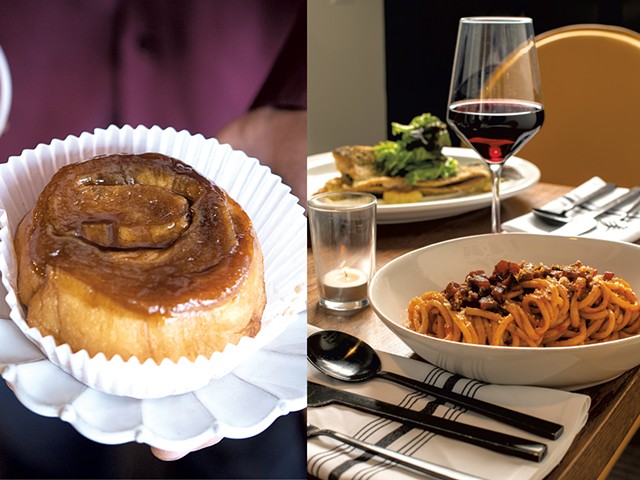 From top: Latte and cinnamon bun at Haymaker Bun; &#10;bucatini Amatriciana at the Arcadian - CALEB KENNA