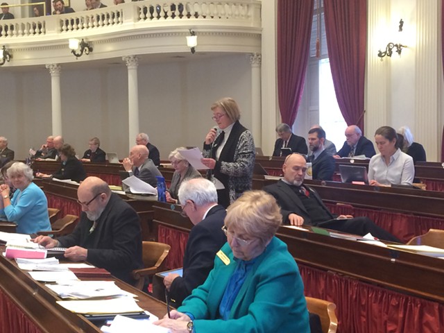 Rep. Mary Sullivan (D-Burlington), lead sponsor of a  resolution calling for pension funds to divest fossil fuel stocks, addresses the House. - NANCY REMSEN