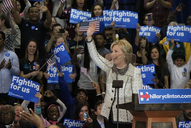 Hillary Clinton celebrates her victory Saturday night in Columbia, S.C. - PAUL HEINTZ
