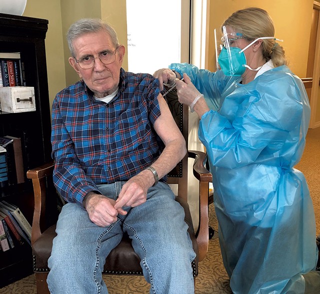 The Arbors at Shelburne resident Ron Renaud gets vaccinated on January 8 - COURTESY OF THE ARBORS AT SHELBURNE