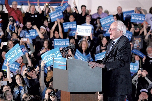 Sen. Bernie Sanders celebrating his win in New Hampshire last month. - FILE: PAUL HEINTZ