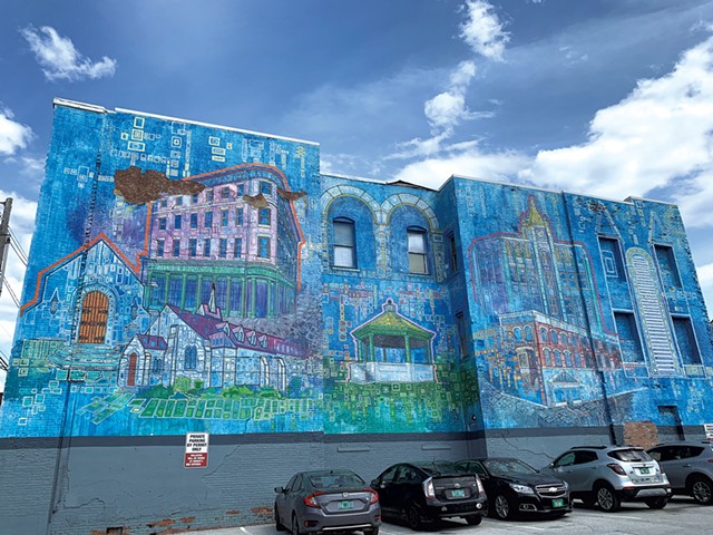 "Rutland City Buildings" mural by Persi Narvaez in downtown Rutland - SOPHIE X. POLLAK