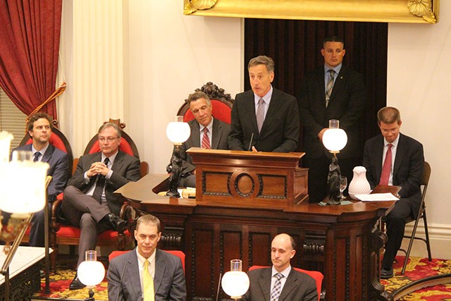 Gov. Peter Shumlin addresses a joint assembly of the Vermont House and Senate early Saturday morning. - PAUL HEINTZ