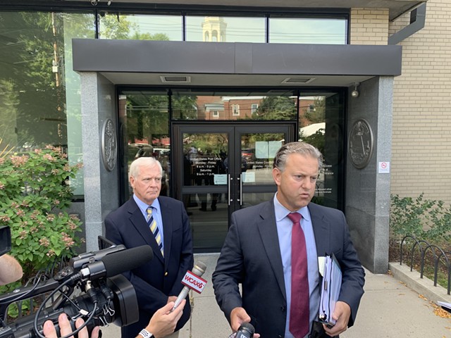 William Stenger, left, and his attorney, Brooks McArthur, speaking to the media on Friday - DEREK BROUWER ©️ SEVEN DAYS