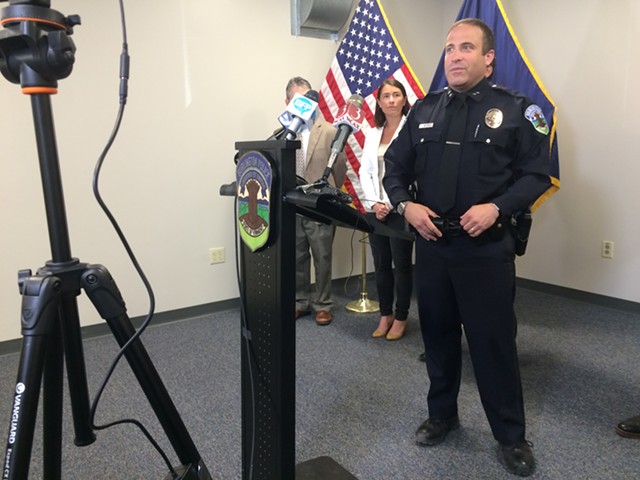 Burlington Police Chief Brandon del Pozo speaks at a press conference Friday morning announcing that the alleged killers of Amos Beede have been captured in San Diego. - MARK DAVIS