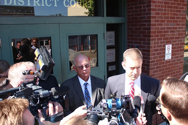 Sen. Norm McAllister and attorney Brooks McArthur last Thursday outside Franklin Superior Court. - PAUL HEINTZ