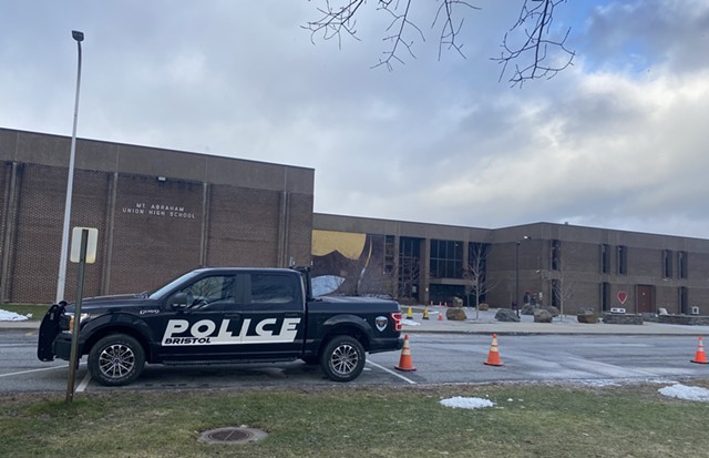 Bristol Police stationed in front of Mount Abraham Union Middle/High School Friday morning - ALISON NOVAK ©️ SEVEN DAYS