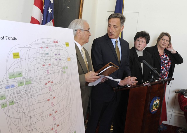 A poster charts a web of financial transactions related to the EB-5 projects. Also shown: Attorney General Bill Sorrell, Gov. Peter Shumlin, Department of Financial Regulation Commissioner Susan Donegan and Secretary of Commerce Pat Moulton. - JEB WALLACE-BRODEUR