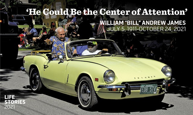 Well past his century mark, Bill enjoyed riding in a 1968 Triumph Spitfire at Bristol’s Fourth of July parade. - COURTESY