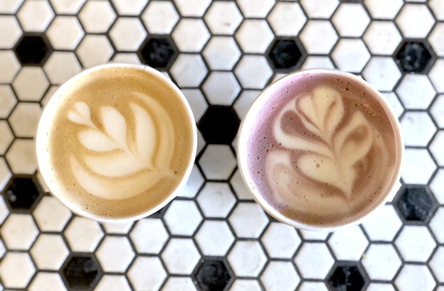 Uncommon Coffee's Cardamom & Smoke latte (left) and Ube latte - JORDAN BARRY ©️ SEVEN DAYS