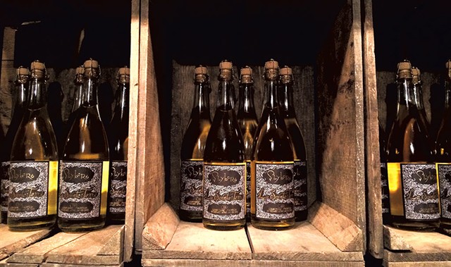 Bottles of La Sainte Terre at Slyboro Ciderhouse - JULIA CLANCY