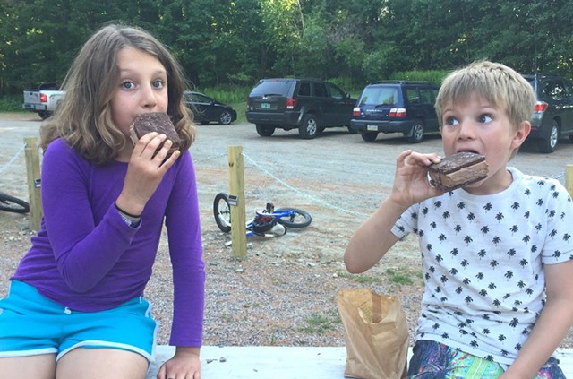 Mira and Theo enjoying ice-cream sandwiches - ALISON NOVAK