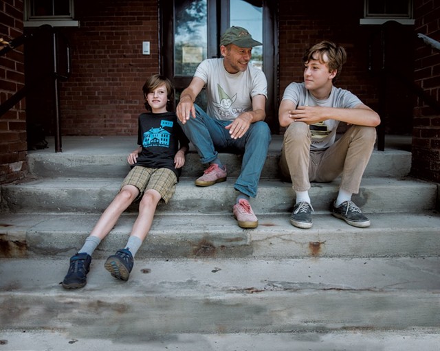 James Kochalka, 50, Vermont's first cartoonist laureate and author of the Johnny Boo series of graphic novels, with sons Oliver, 10, and Eli, 15 - SAM SIMON