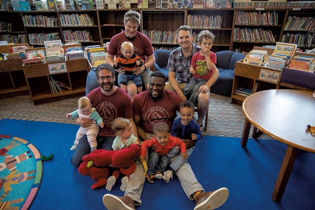 Members of Dad Guild with their kids at a monthly playgroup at the Fletcher Free Library in Burlington - JAMES BUCK