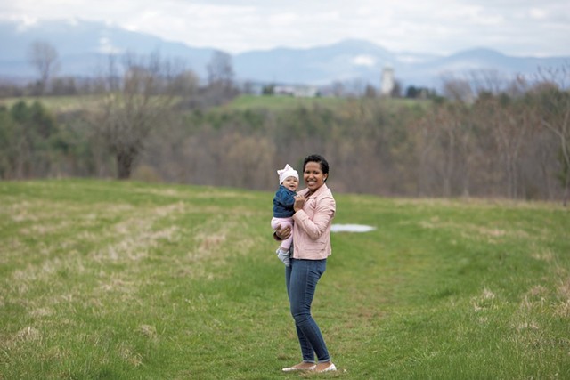 Eliana Castro with her 8-month-old baby, Adelaide Galloway, - at Wheeler Nature Park in South Burlington - CAT CUTILLO