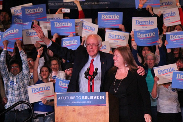 Sen. Bernie Sanders and his wife, Jane O'Meara Sanders, at a rally in Reno, Nev. - PAUL HEINTZ